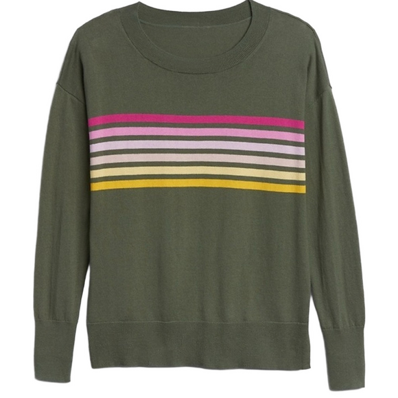 GAP Crewneck Sweater Olive Green Rainbow Striped Size S Oversized Side Split Hem - Picture 1 of 11